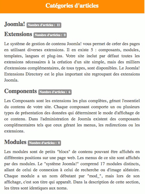 Catégories d'articles dans le plugin JAmp