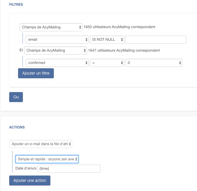 Action de masse Acymailing : sélection des utilisateurs non confirmés