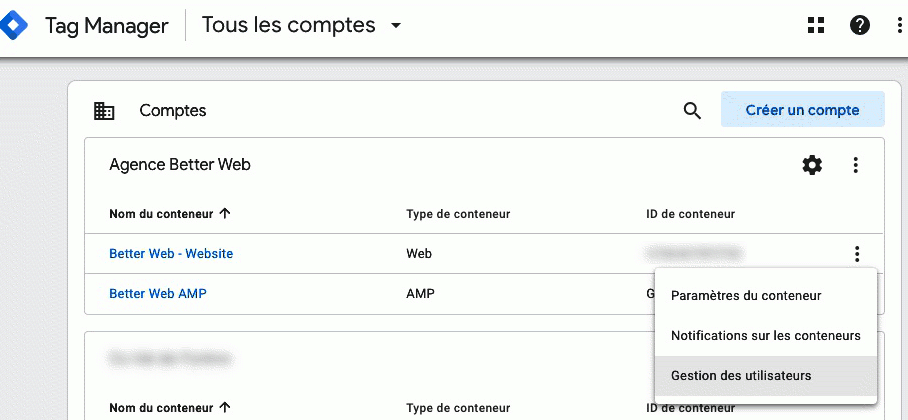 Accès gestion des utilisateurs dans le Google Tag Manager