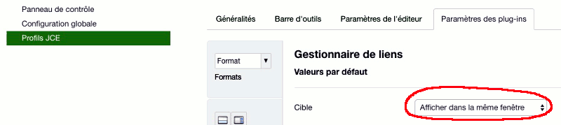 Réglage de la cible de lien dans les profils JCE