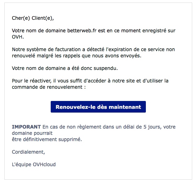 Contenu de l'email d'hameçonnage