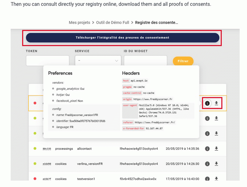 Enregistrement de la preuve de consentement chez Axeptio